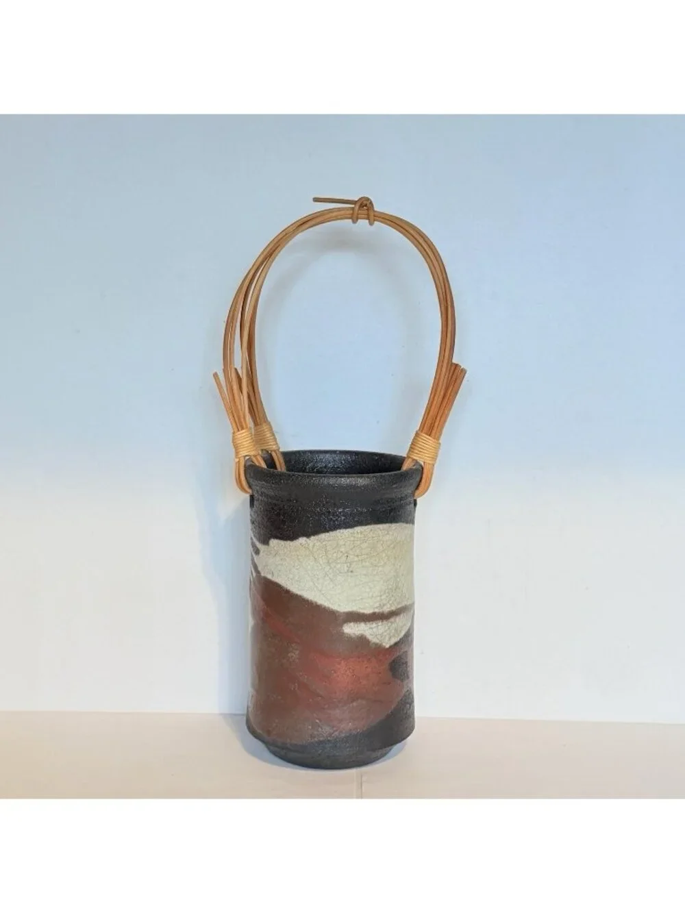 Warren Andrade Raku Pottery Vase 1999 Bamboo Handle Hawaii Artist 12